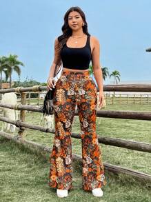Flirla Plus Size Floral Print Flare Pants, Casual Holiday Style Fall Cloth For Women