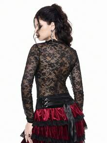 ROMWE Goth 深色情人节蝴蝶结透明渔网蕾丝上衣 - 黑色 - 查看 3