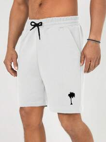 RueChic Men's Cotton Summer Drawstring Waist Coconut Tree Print Shorts - White - View 6