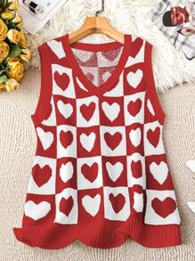 SHEIN LUNE Plus Size V-Neck Heart Shaped Valentine's Day Red Sweater Vest Winter Fall Autumn - Red and White - View 1