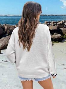 Chiquease 新款超大宽松休闲毛衣，欧美时尚英国国旗设计，轻盈春秋女士套头衫 - 白色 - 查看 2