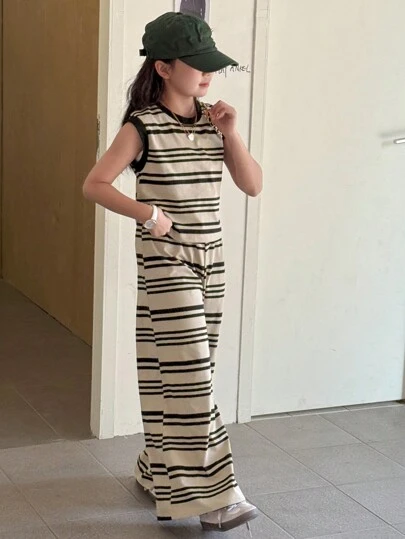 Dazy Kids 青少年女孩撞色条纹背心和裤子两件套，返校服装