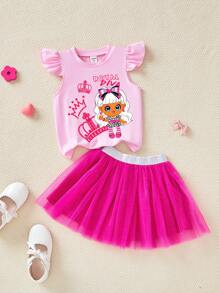 2pcs/Set Girl Letter & Cartoon Graphic Round Neck Cap Sleeve Top With Mesh Skirt - Pink - View 4