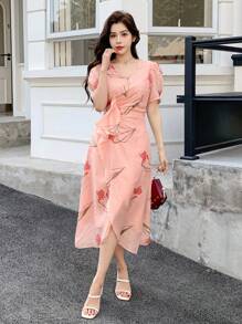 DAZY V-Neck Floral Print Puff Sleeve Pleated Ruffle Hem Mid-Length Dress For Women Sundress,Casual Women Dresses Easter - Pink - View 5