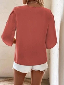 SHEIN LUNE Women Plain Color Simple Short Sleeve Casual Blouse, Everyday Wear - Orange - View 2