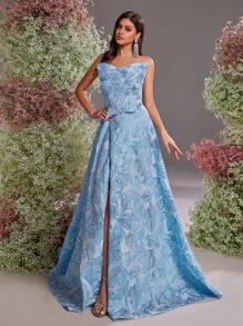 Glamrae Elegant Blue Jacquard Satin Tube Dress,Gorgeous Asymmetric Three-Dimensional Texture High Slit Wedding Guest Dress For Dinner,Prom&Formal Events - Blue - View 1