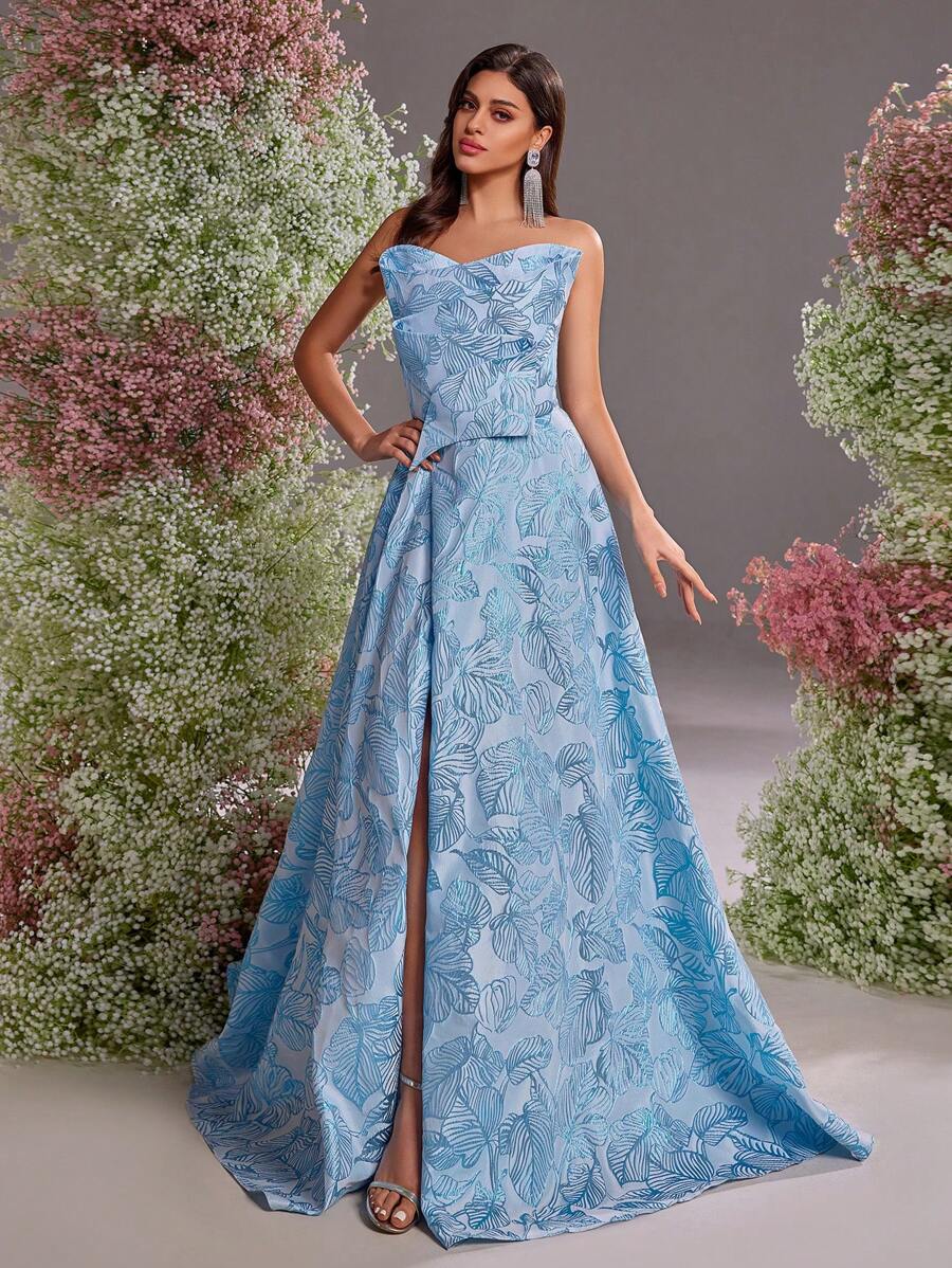 Glamrae Elegant Blue Jacquard Satin Tube Dress,Gorgeous Asymmetric Three-Dimensional Texture High Slit Wedding Guest Dress For Dinner,Prom&Formal Events - Blue - View 1