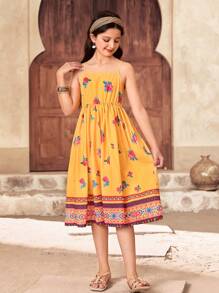 SHEIN 青少年女孩休闲度假宽松落肩罩衫和细肩带玫瑰碎花迷你连衣裙套装 - 黃色 - 查看 4