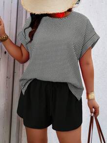 Breezaya Plus Size Women Plaid Pattern Bat Sleeve Crew Neck Top And Shorts 2 Pieces Set - Black - View 1