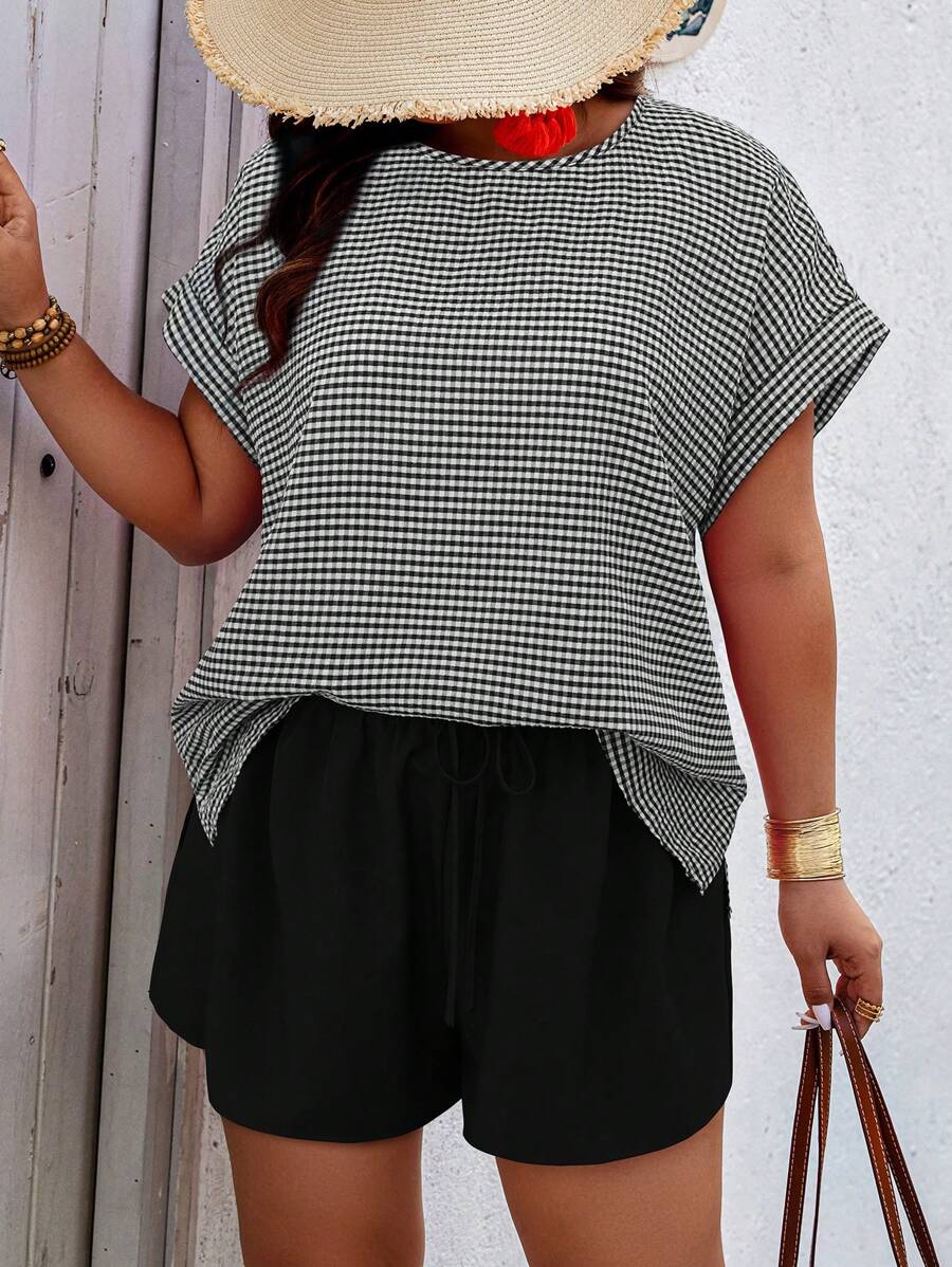 Breezaya Plus Size Women Plaid Pattern Bat Sleeve Crew Neck Top And Shorts 2 Pieces Set - Black - View 1