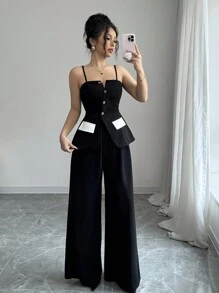 Rafferiza 2pcs Women's Resort Sexy Commuting Elegant Casual And Office Outfit Black And White Contrast Button Camisole And Wide Leg Pants Set