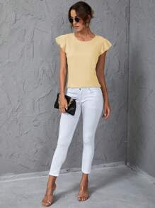 SHEIN Clasi Blusa da donna casual a maniche corte con collo rotondo e ruches, tinta unita