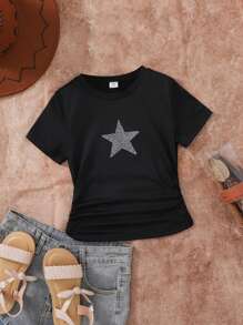 Camisetas para niñas jóvenes para primavera y verano, nuevos estilos Wildeya: camiseta negra con fruncido en el lateral y estampado de estrella, adecuada para actividades al aire libre y uso diario