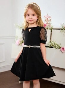 SHEIN Fern Glow  Young Girl's Cute Black Mesh Short Sleeve Dress, Summer - Black - View 5