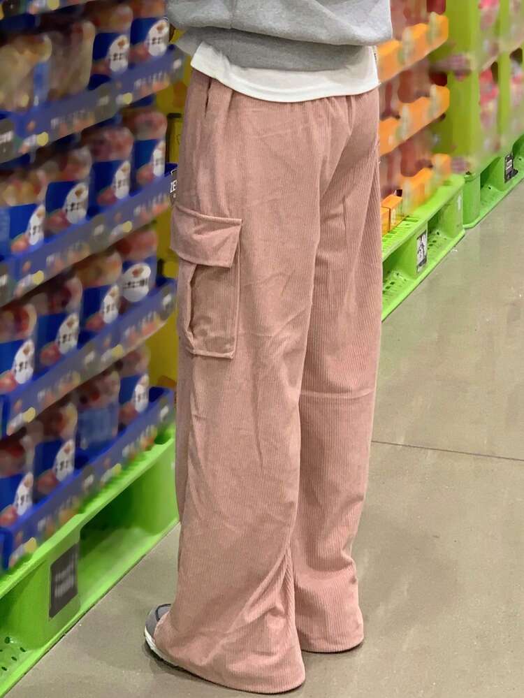Women's Relaxed Waist Corduroy Side Pocket Wide Leg Casual Pants, Pink, All Season