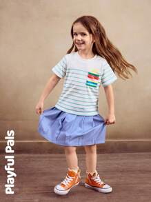 SHEIN 2 PIECES Ensemble chemisier et jupe plissée pour filles, t-shirt à manches courtes avec motif contrastant rayé et soleil, et jupe mini polyvalente, casual pour le quotidien, les sorties, l'école, les fêtes, printemps/été/automne - Multicolore - Voir 3