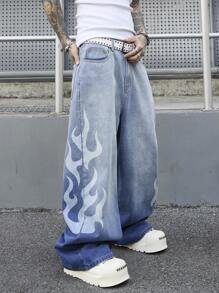PAVTROS 男式复古浅蓝色破洞牛仔宽松阔腿裤，配涂鸦扎染效果图案 - 淺色水洗藍 - 查看 5