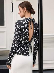 BizChic Women's Printed Knot Detail Long Sleeve Hollow Back Top, Suitable For Valentine's Day Date, Spring/Summer - Black and White - View 6