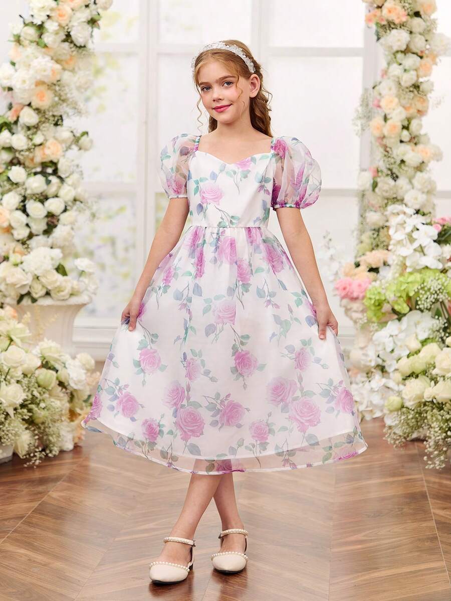 SHEIN Tween 女童优雅可爱方领泡泡袖碎花中长连衣裙 - 紫色 - 查看 1