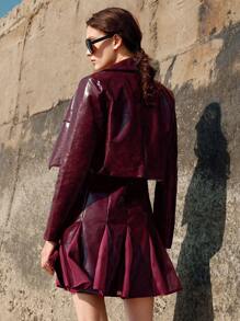 Anewsta Valentine's Day Autumn Shiny PU Leather Patch Mesh Splicing U-Neck Dress With Suit Jacket, Co-Ord Set
