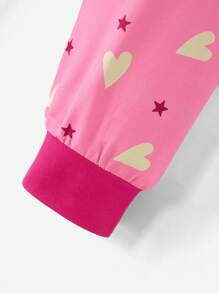 Heart Print Round Neck Long Sleeve Top And Pants Pajama Set For Young Girls - Hot Pink - View 8
