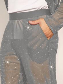 FeverCity Conjunto de traje traslúcido de manga larga y pantalón largo minimalista para hombres