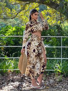 SHEIN SXY Early Spring Sexy Shirt Graphic Slit Shirt Dress - Brown - View 4