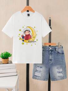 Tween Boys 2 Pieces Set: Star & Moon Print T-Shirt + Versatile Denim Shorts, Suitable For Family Gatherings - Light Wash - View 1