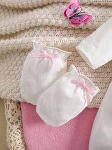 新生女婴春夏针织圆领长袖天鹅图案带蝴蝶结手套和头带和连脚连体衣套装 - 白色 - 查看 5