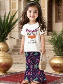 SHEIN Leap Crew 2pcs/Set Young Girl Cute Octopus & Rose Pattern Casual Cartoon Print Round Neck Short Sleeve Top And Flare Pants, Suitable For Spring & Summer - Multicolor - View 6