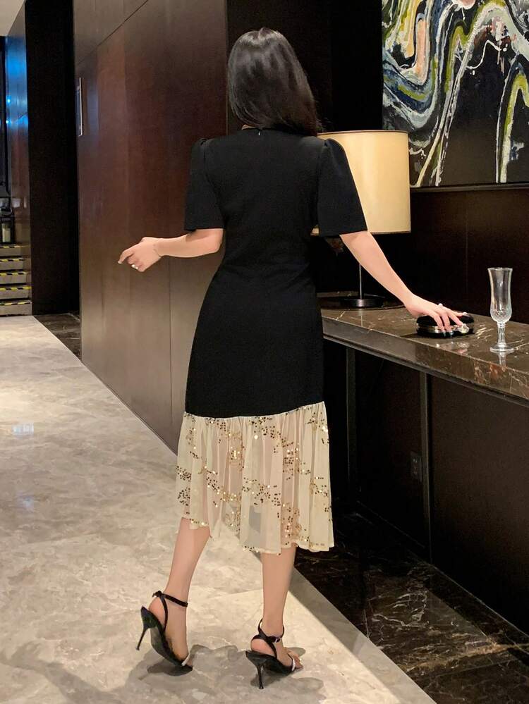 Color Block Sequins Mesh Patchwork Round Neck Puffy Sleeve Mid-Length Dress For Women Prom Dress,Ruffle Elegant Women Dresses Maxi Dress