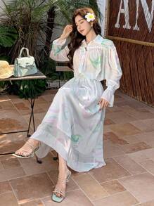 TrendSteals 女士印花衬衫套装（2件套），荷叶边袖口，百褶裙，秋季女装度假套装 - 米色 - 查看 1