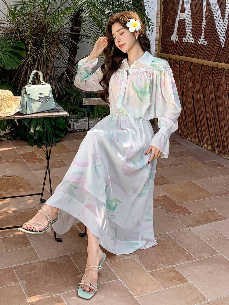 2pcs/Set Ladies Floral Print Shirt With Ruffle Sleeve And Pleated Skirt,Fall Women Clothes