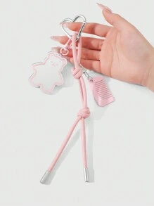 ROMWE Kawaii 1pc Cute & Adorned Pink Mini Comb With Bear Design, Glass Mirror, Pink Leather Cord, DIY Heart Shaped Keychain, Suitable For Girls & Women As Everyday Accessory Or Gift - Pink - View 5