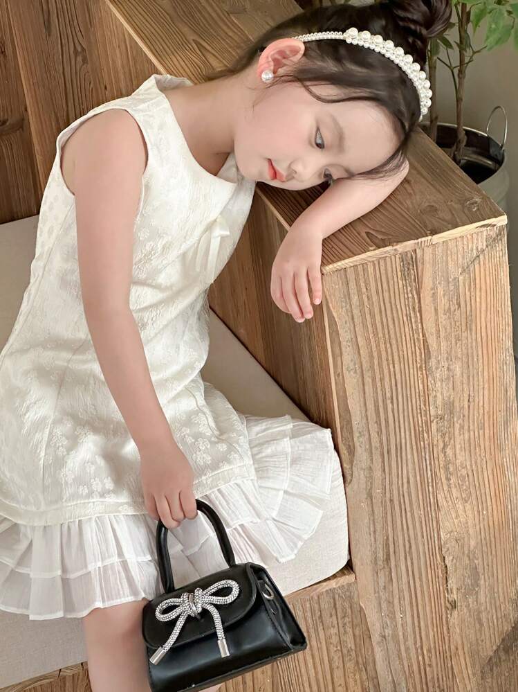 DAZY 1pc Young Girl Elegant Solid Color Jacquard Patchwork Ruffle Hem Sleeveless Dress,Girls Summer Outfits - Beige - View 2