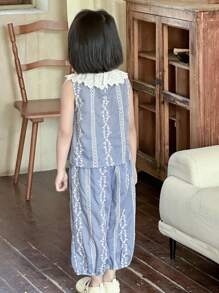 DAZY 2pcs Young Girl Solid Color Patchwork Round Neck Sleeveless Top And Long Pants Set,Girls Summer Outfits