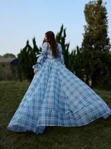 SHEIN MOD Women's Plaid Square Neck Lotus Leaf Sleeve Elegant Dress,Bow,Valentines Clothes,Summer Vacation,Spring/Summer,Brunch,Valentine Day,Beach Outfits For Woman,Valentine Day Outfit Women,Cruise Outfits Women Sexy,Easter,Western Wear Women,Gothic Women Clothes,2000s Style,Carnival,Wedding Guest Dress Women - Blue and White - View 4