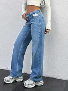 EURMUSE WOMEN LOW WAIST STRAIGHT JEAN CASUAL - Medium Wash - View 4