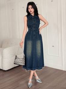 DAZY 女士牛仔无袖衬衫裙搭配翻领太阳裙 - 中等水洗藍 - 查看 7