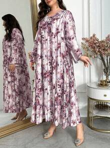 Al Najma 大码女式花卉印花 V 领喇叭袖连衣裙，适合度假，阿拉伯风格 - 彩色 - 查看 4