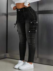 SHEIN ICON Plus Size Casual Washed Slim Fit Cargo Jeans