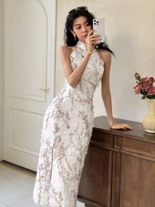 EastFlair 女士旗袍领长裙，3D花卉工艺