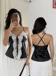 Chiquease Áo ba lỗ vải dệt màu đen trắng gợi cảm cho nữ, mùa xuân/hè, phối ren, màu tương phản, ngực trước, dây đeo chéo, hở lưng - màu đen - Xem 1