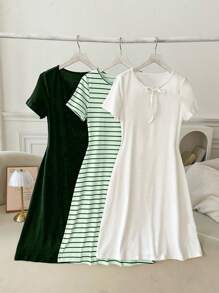 3pcs/Set Striped White And Green Dress Set - Multicolor - View 3