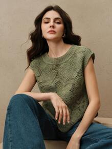Anewsta 女士夏季时尚现代镂空刺绣无袖针织上衣，休闲，优雅，度假 - 軍綠色 - 查看 5