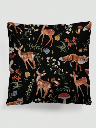 Fairycore 1pc Hand-Drawn Cute Deer & Floral Pattern Pillow Cover, Velvet Printed Square Cushion Cover, Suitable For Living Room, Bedroom, Home Decor, Sofa, Car, All Seasons