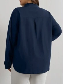 RueChic Cottnline Pearls Beaded Drop Shoulder Shirt - Navy Blue - View 2