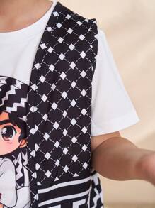 SHEIN Young Boy Geometric Pattern Vest, Cartoon Character Printed T-Shirt, And Pants 3 Piece Casual Outfit Set - Black and White - View 8