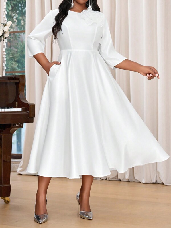 SHEIN Lady Spring And Summer Elegant Commuting Office Party Wedding Cocktail Party Concert/Music Festival White Woven Satin Round Neck Flared 3D Rose Fit And Flare Dress Midi Three Quarter Length Sleeve Plus Size Dresses Elegant Women Dresses Classy Outfits Elegant Dress Wedding Summer Summer Outfits For Women Romantic Dresses Summer Dresses For Women Birthday Dresses For Women Wedding Guest Dress Women Spring Outfits For Women Spring Dresses For Women Concert Outfit Women Summer Clothes Women Spring Break Outfits Spring Break Dresses Modesty Clothes Women Plus Size Dress Elegant Plus Size Summer Dresses Plus Size Summer Clothes Plus Size Dresses Summer Plus Size Dresses Women Summer Dress Summer Dresses Women Clothing Summer Women Summer Clothes Dress Summer  Dresses For Summer Spring Dress Spring Clothes Formal Dress For Women Formal Dress For Wedding Festival Outfits Festival Festival Outfit Festival Outfits Women Women Dresses White