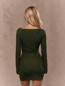 MISSGUIDED Textured Long Sleeve Bodycon Mini Dress Ruched Party Club Night Out Evening Winter Fall Holiday Special Occasion Stretch Fitted - Army Green - View 2